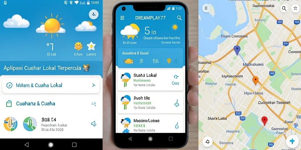 Screenshot aplikasi DREAMPLAY77 menunjukkan antarmuka cuaca lokal yang informatif.